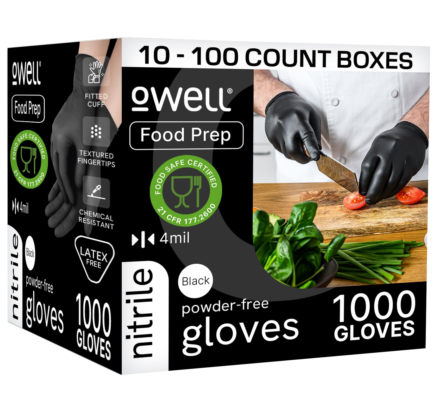 OWELL Food Prep Powder Free Nitrile Disposable Gloves, 4mil (Case of 10 x 100 Count)