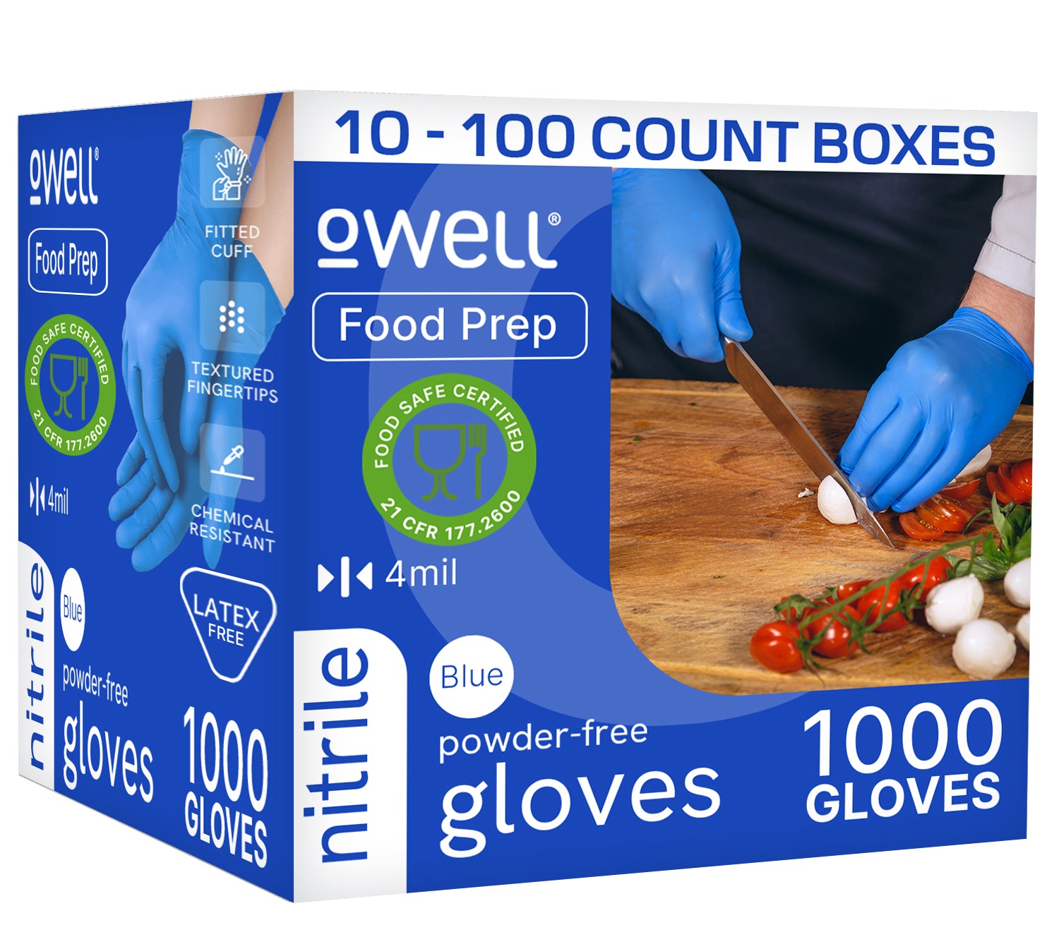 OWELL Food Prep Powder Free Nitrile Disposable Gloves, 4mil (Case of 10 x 100 Count)
