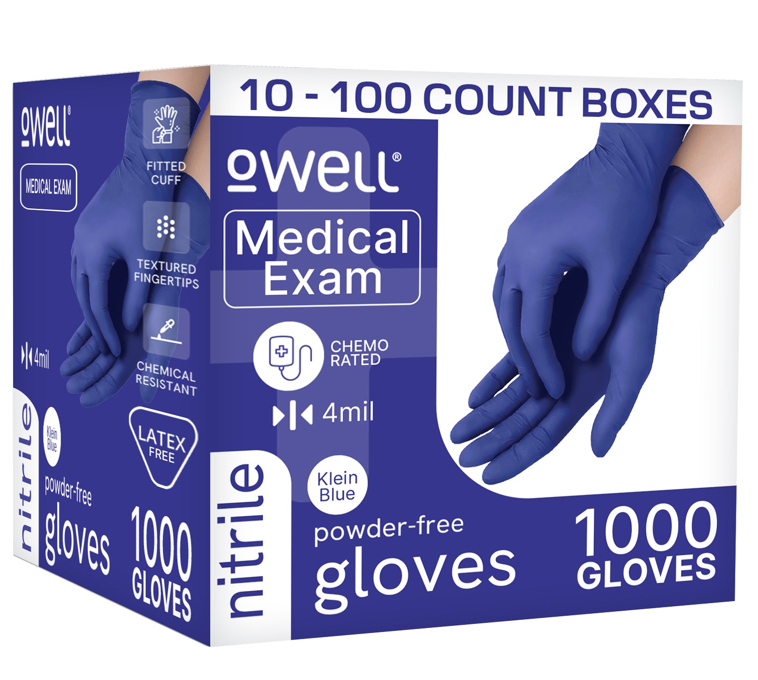 OWELL Medical Exam Powder Free Nitrile Disposable Gloves, 4mil (Case of 10 x 100 Count)