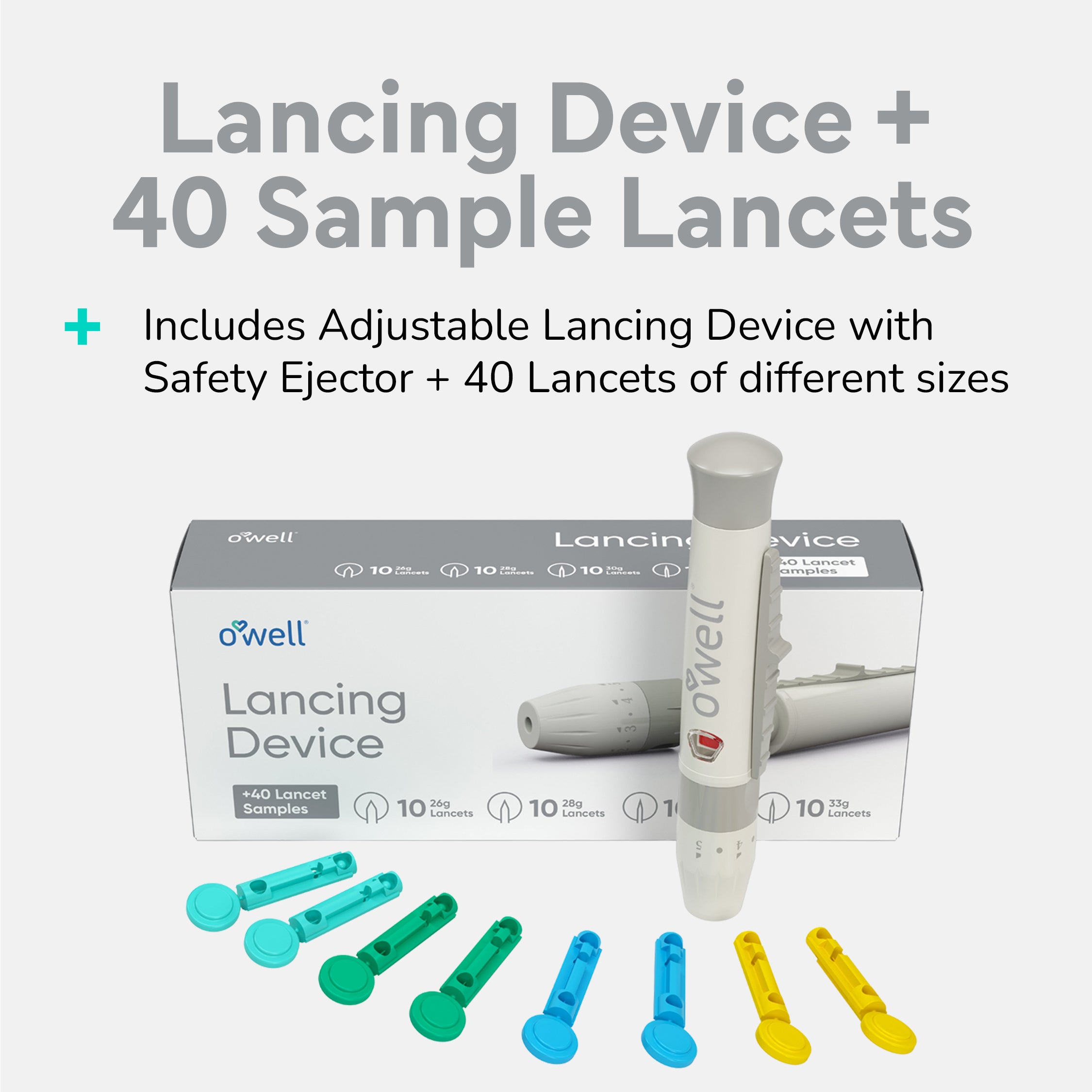 OWELL Lancing Device Kit - Adjustable Lancing Device with 40 Lancet Sample of Various Sizes