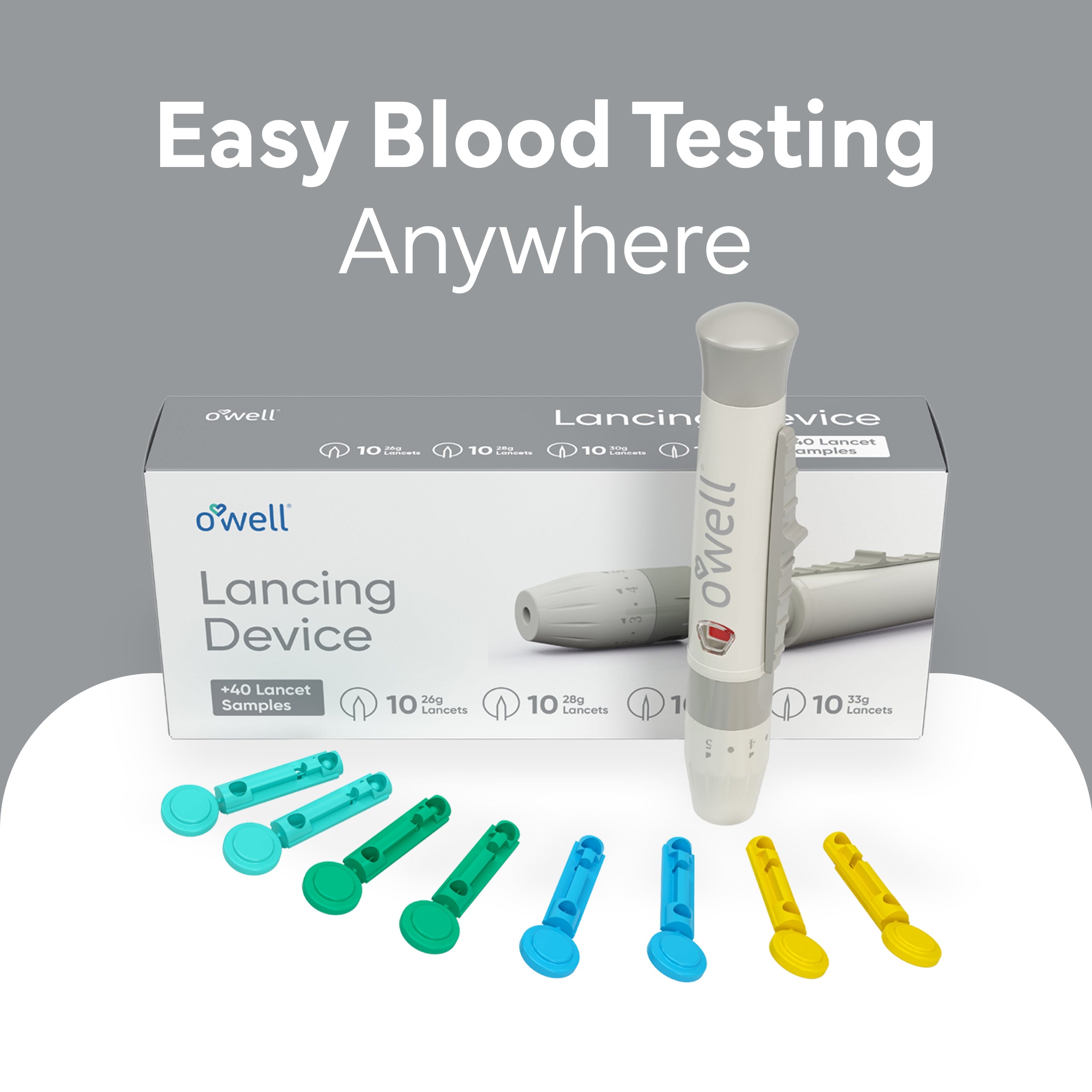 OWELL Lancing Device Kit - Adjustable Lancing Device with 40 Lancet Sample of Various Sizes