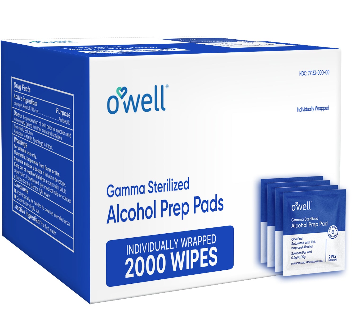 OWELL Prep Pads - 2000 Individually Wrapped Sterile Alcohol Wipes, Medium 2-Ply Antiseptic Wipes for Disinfecting Skin, First Aid Kit Alcohol Swabs (20 boxes of 100ct)