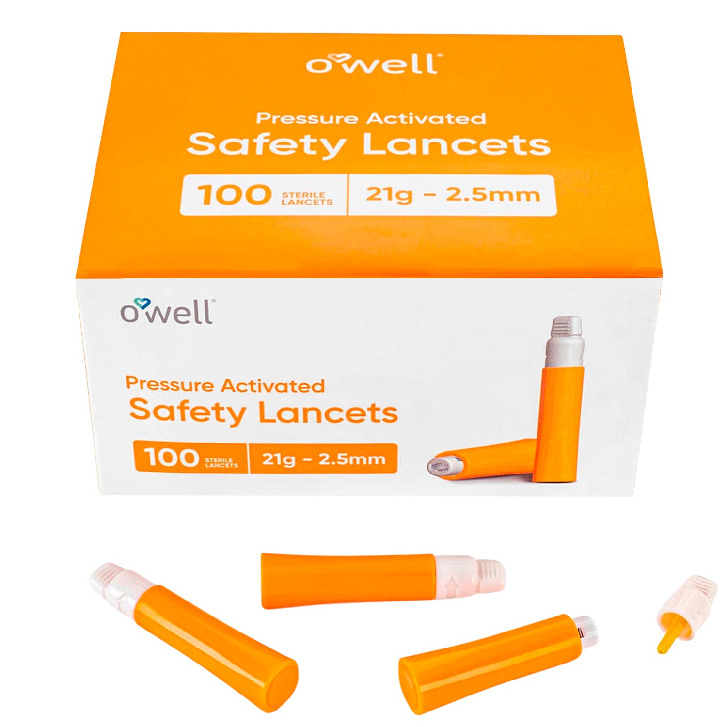 OWELL Pressure Activated Safety Lancets, 21 Gauge - 2.5mm (100 Count)