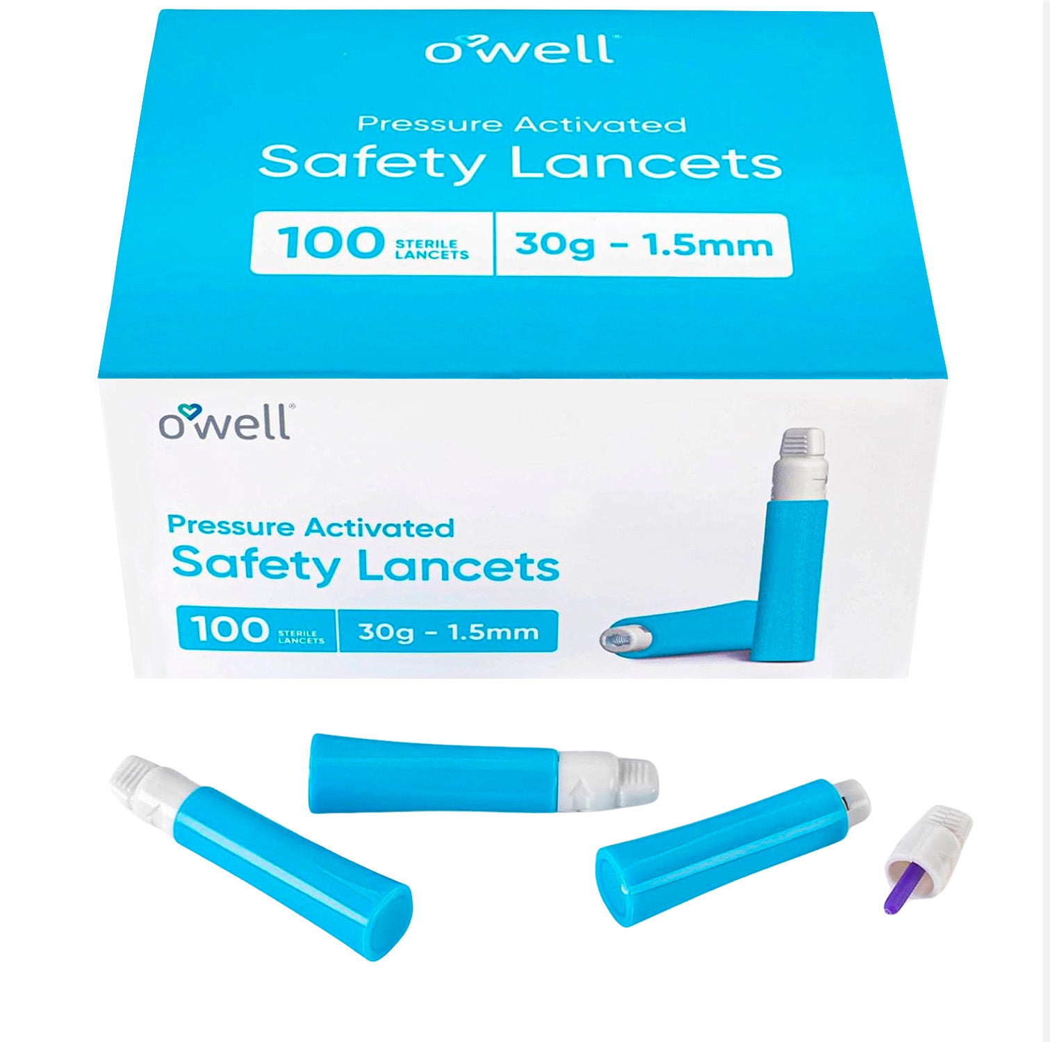 OWELL Pressure Activated Safety Lancets, 30 Gauge - 1.5mm (100 Count)