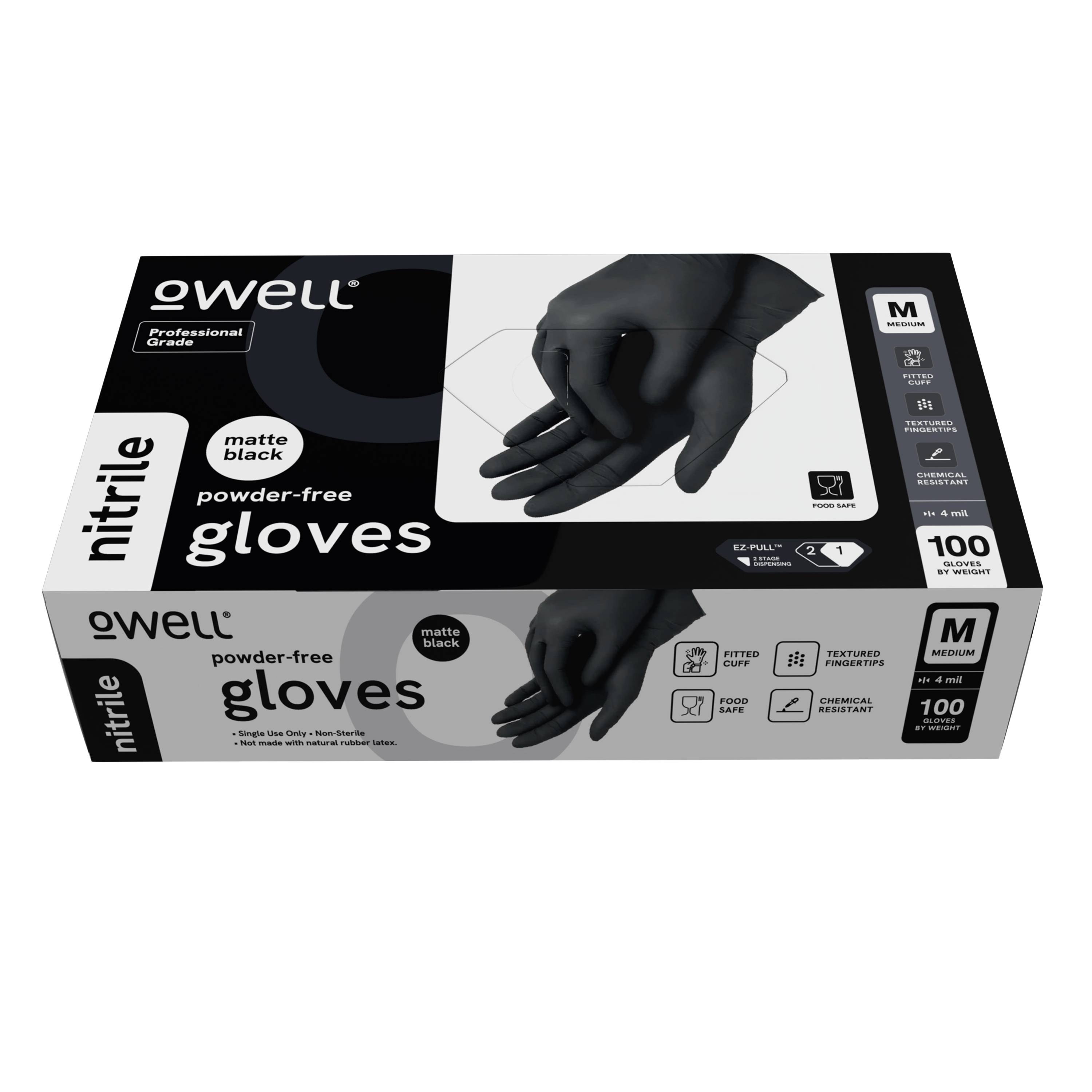 OWELL® Professional Grade Black Disposable Nitrile Gloves (10 -100 Count) – 4 Mil | Food Safe, Medical Grade, Powder-Free, Latex-Free, Chemical Resistant Multi-Purpose Gloves
