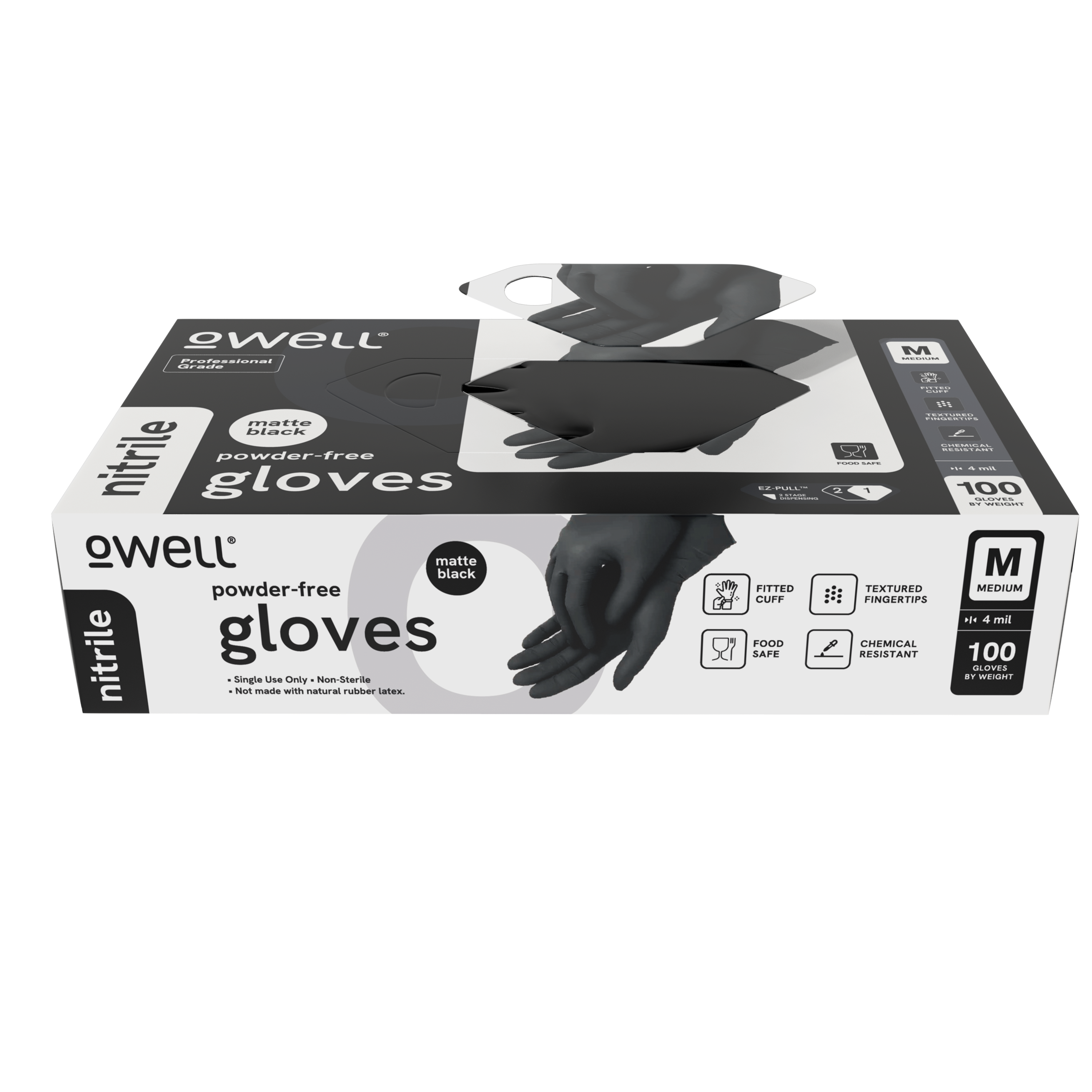 OWELL® Professional Grade Black Disposable Nitrile Gloves (10 -100 Count) – 4 Mil | Food Safe, Medical Grade, Powder-Free, Latex-Free, Chemical Resistant Multi-Purpose Gloves