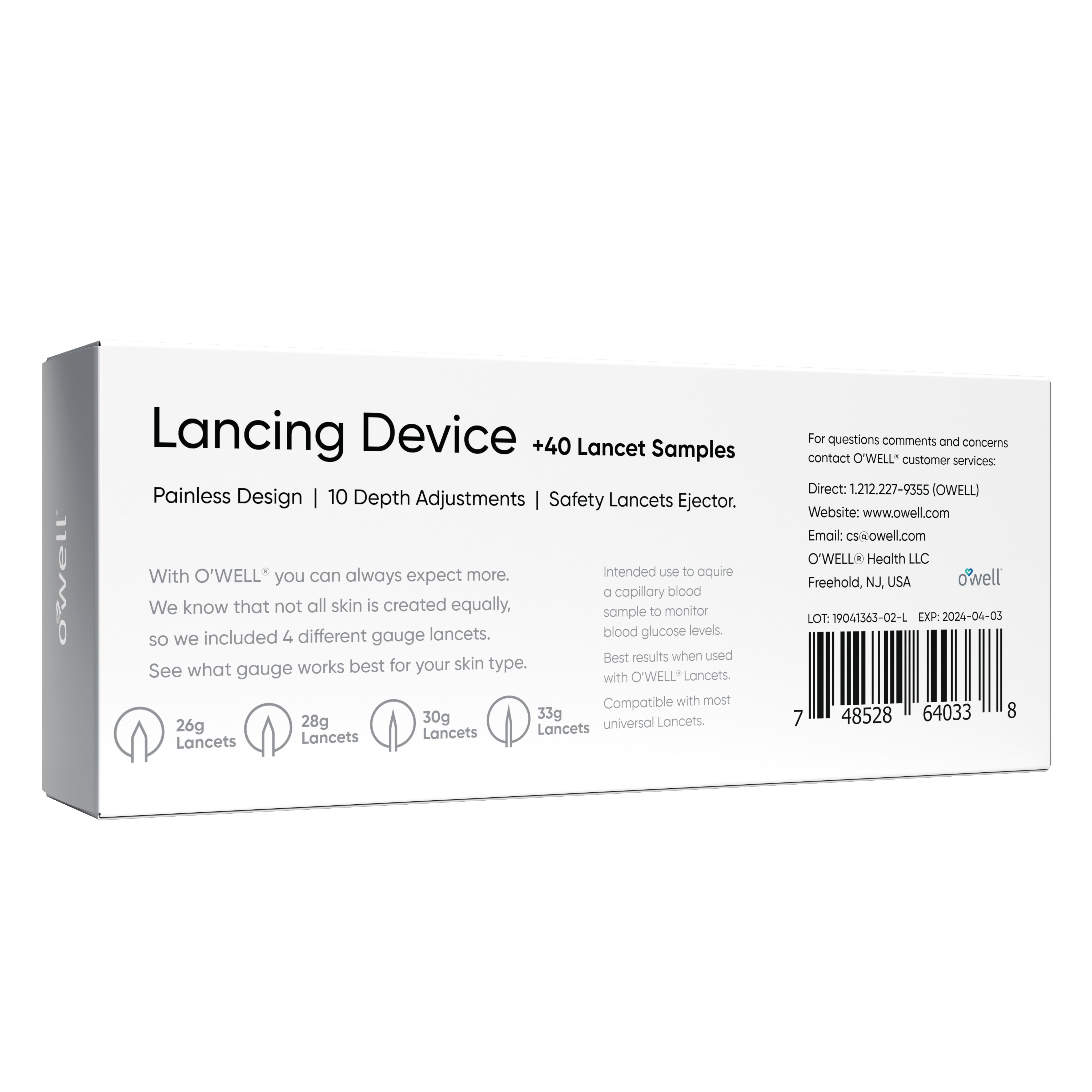 OWELL Lancing Device Kit - Adjustable Lancing Device with 40 Lancet Sample of Various Sizes