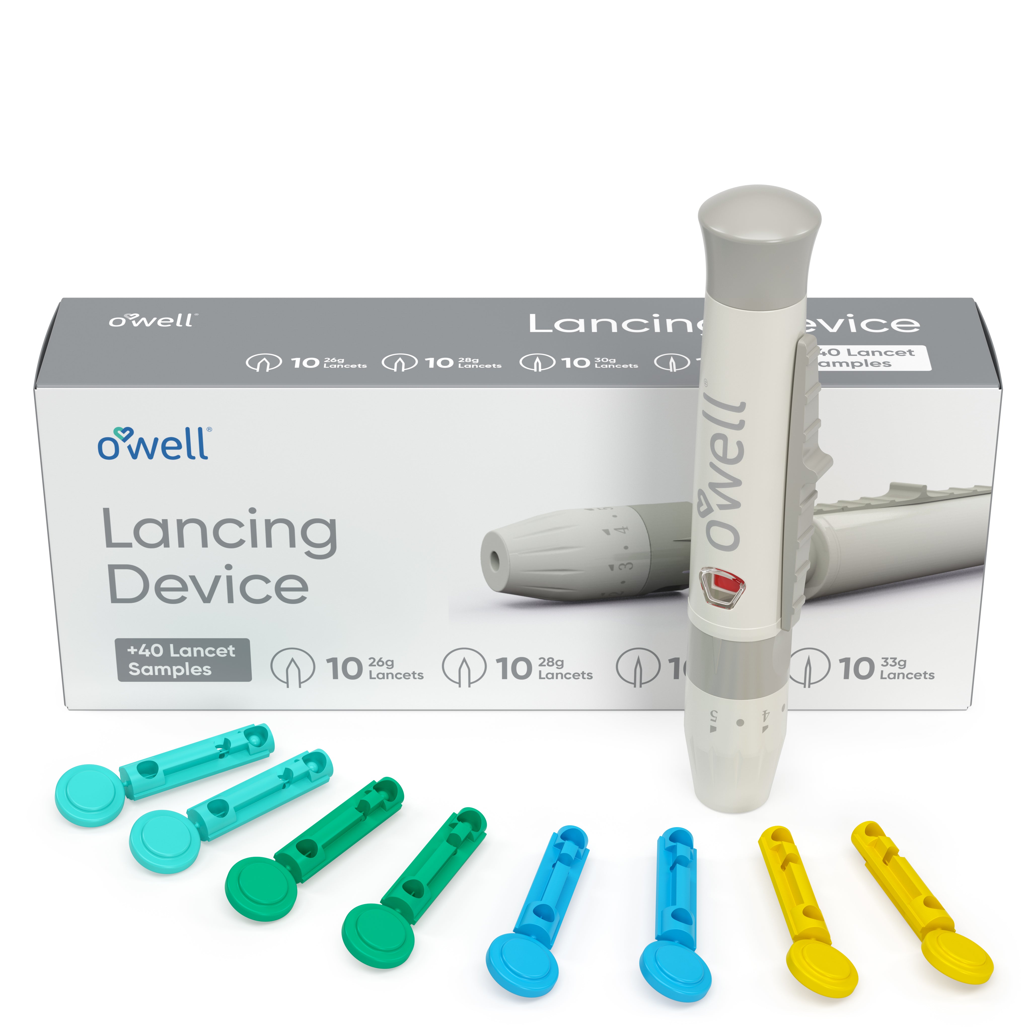 OWELL Lancing Device Kit - Adjustable Lancing Device with 40 Lancet Sample of Various Sizes